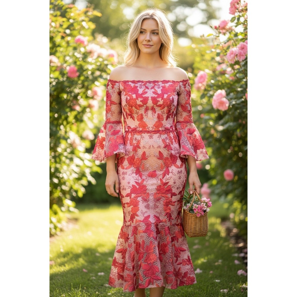 Marchesa Notte Floral‎ Embroidered Lace Midi Dress 4 Red Pink Mermaid
